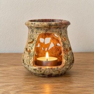 Vintage Carved Soapstone Votive Candle Holder Openwork Leaf Foliage Boho Decor